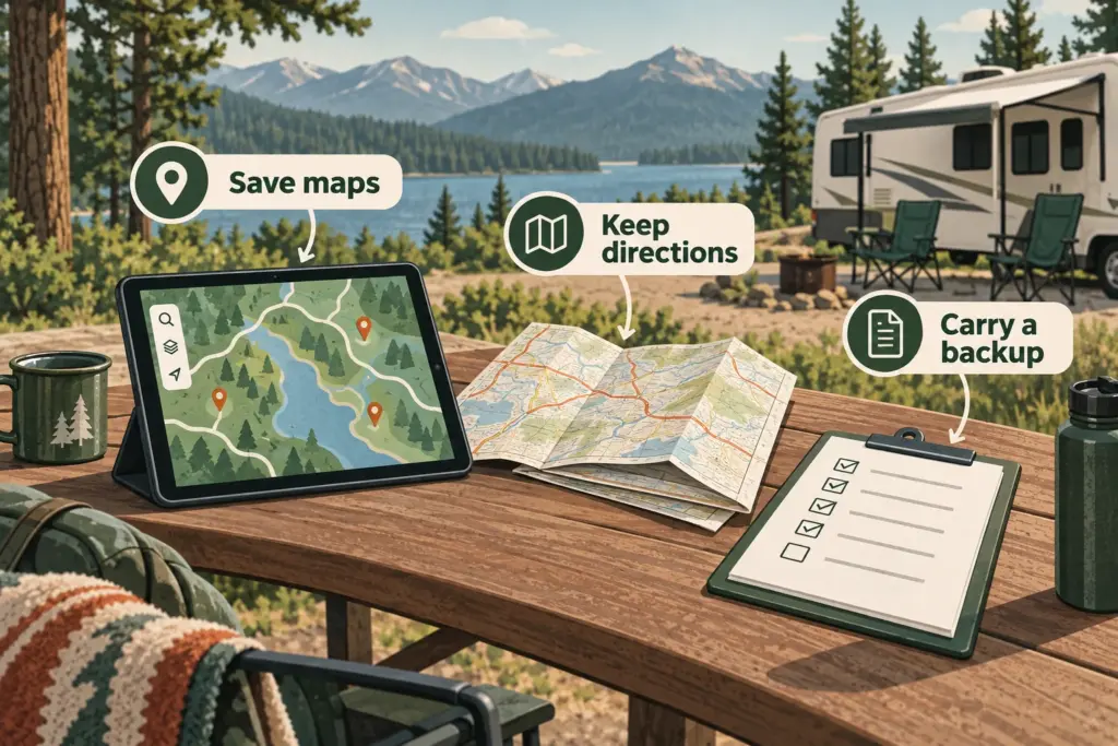 Illustrated tablet showing an abstract saved map, folded road atlas and downloaded checklist on a campground table