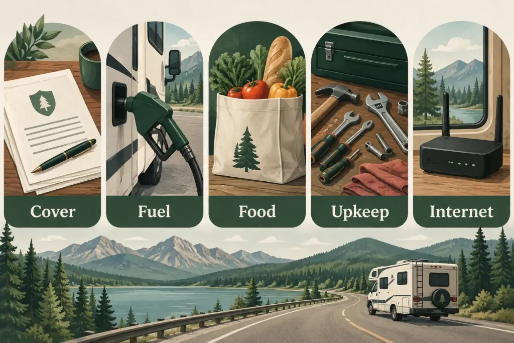 Five elegant illustrated tiles: insurance paperwork, fuel pump, groceries, repair tools and mobile router