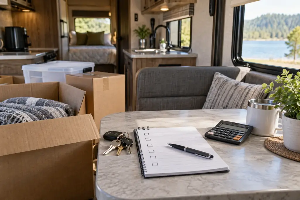 RV keys, moving boxes, checklist and calculator on a table inside a generic travel trailer