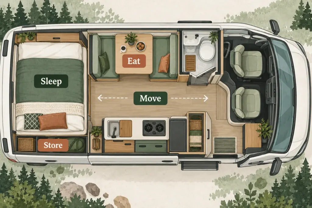 Conceptual overhead RV floor-plan collage showing a sleeping area, dining table, bathroom, storage and a clear walkway