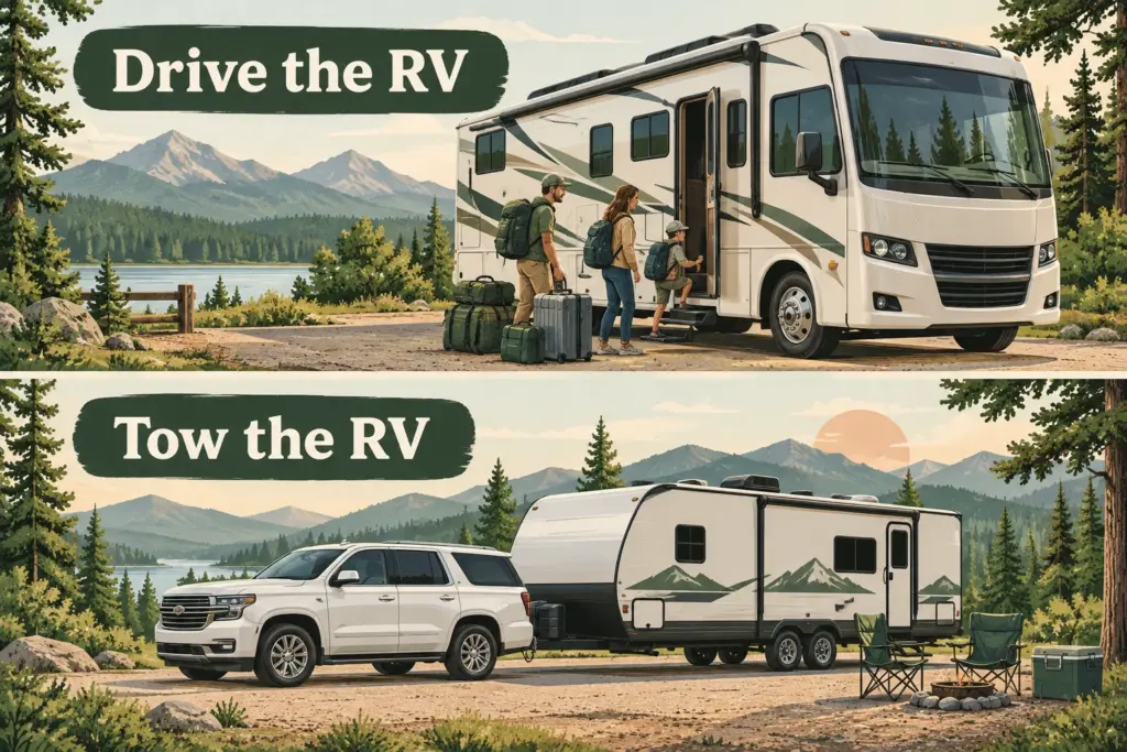 Two attractive separate travel scenes: generic motorhome with family luggage beside it, tow vehicle and travel trailer with campsite chairs beside them
