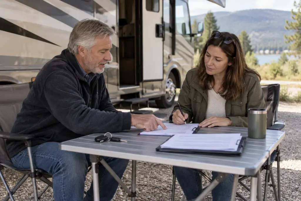 A buyer and seller sitting at a small table beside a parked RV reviewing generic documents, keys remain on seller side