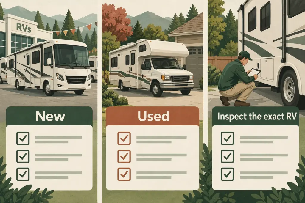 Side-by-side generic RV silhouettes in dealership and private driveway settings