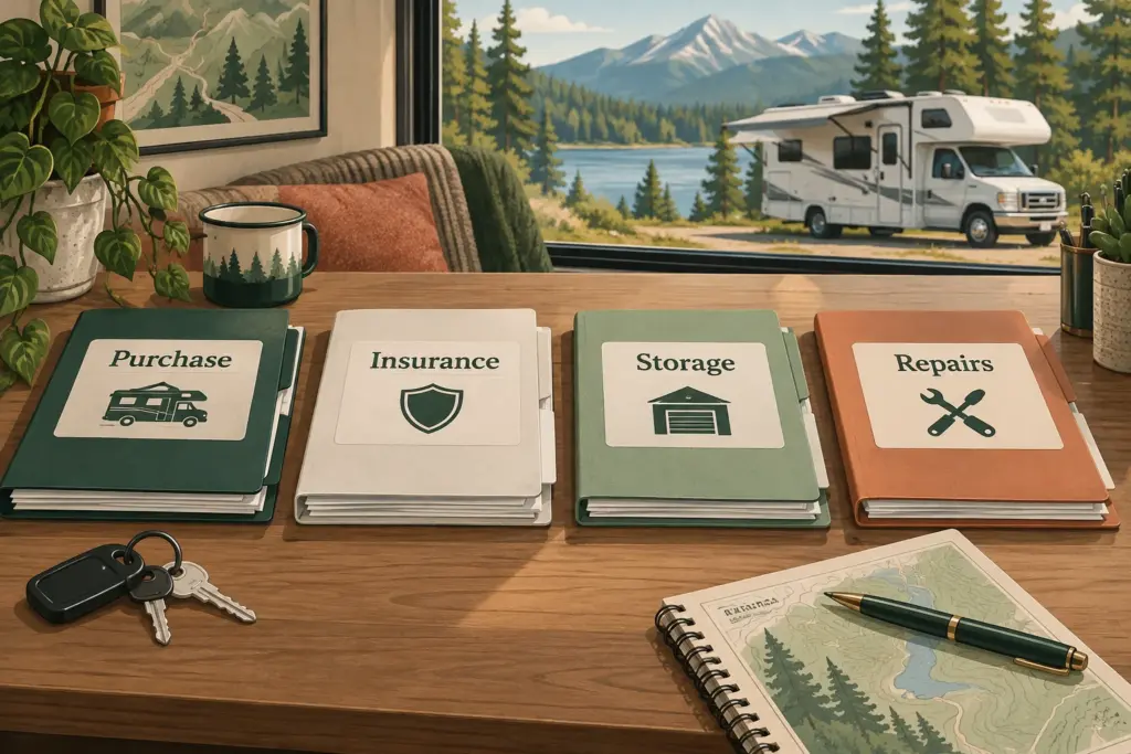 RV buyer illustrated desk with keys and four separate paperwork folders