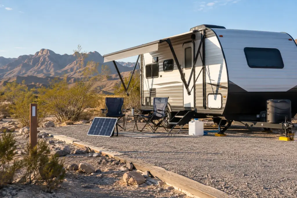 Travel trailer at a legal-looking established dry campsite in open desert, safe marked pad, no campfire