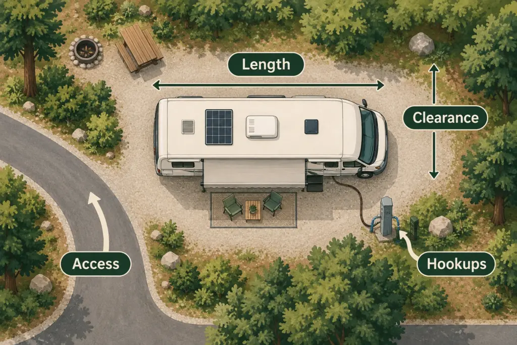 Conceptual overhead campground pad showing an RV parked with clear space around it, trees, access lane and nearby hookups