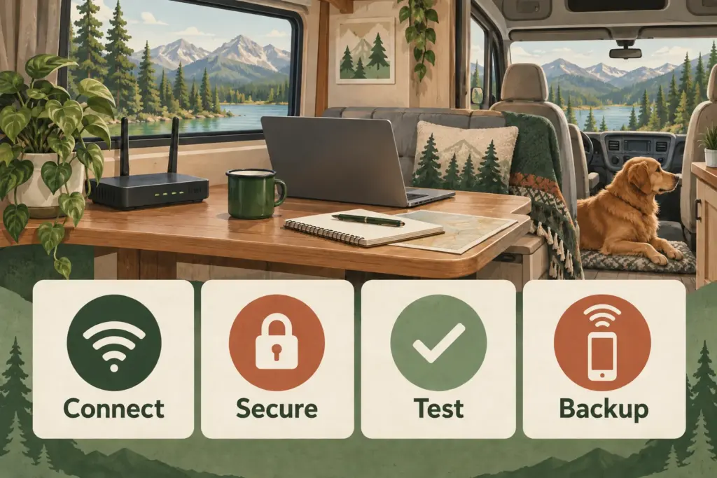 A cozy RV workstation with generic router and four large checklist tiles
