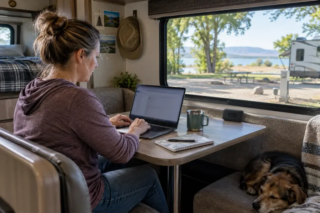 An adult remote worker seated at a modest RV dinette using a laptop, generic mobile hotspot sitting by window, open campground visible outside