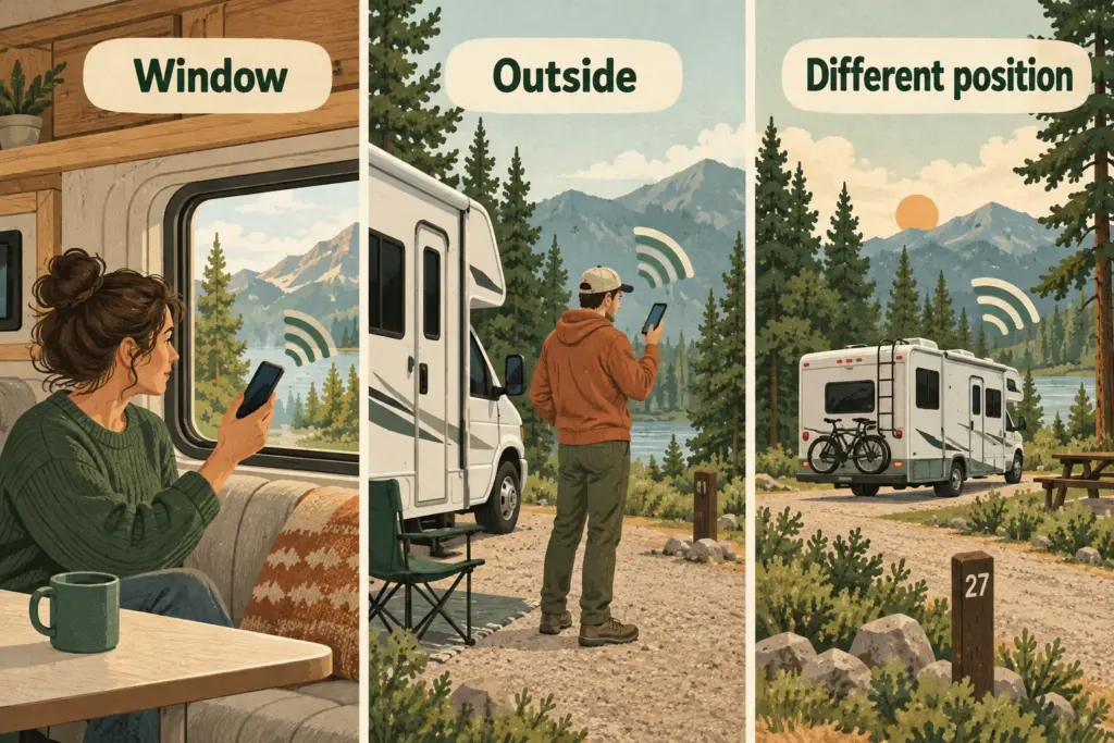 Three separate RV signal-check vignettes: testing by a window, testing outside while stationary, trying a different campsite position