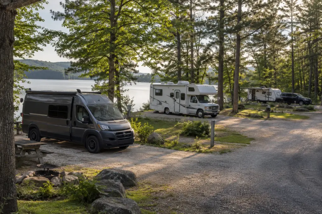 A campervan, a Class C motorhome and a travel trailer represent different ways to travel.