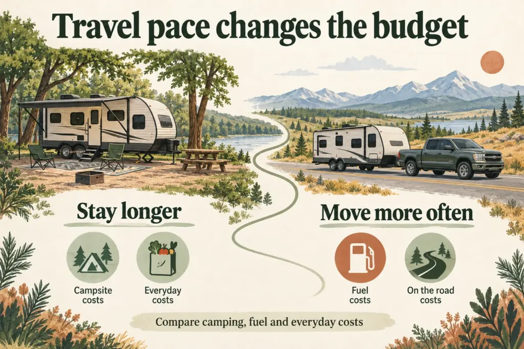 Two RV travel patterns, a longer campground stay and a trip with more driving, change different parts of the budget.