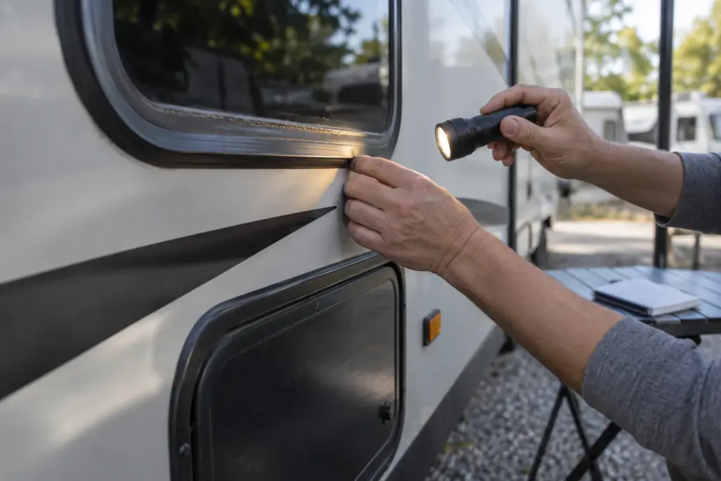 A close visual inspection of a travel trailer’s window seal and exterior condition.