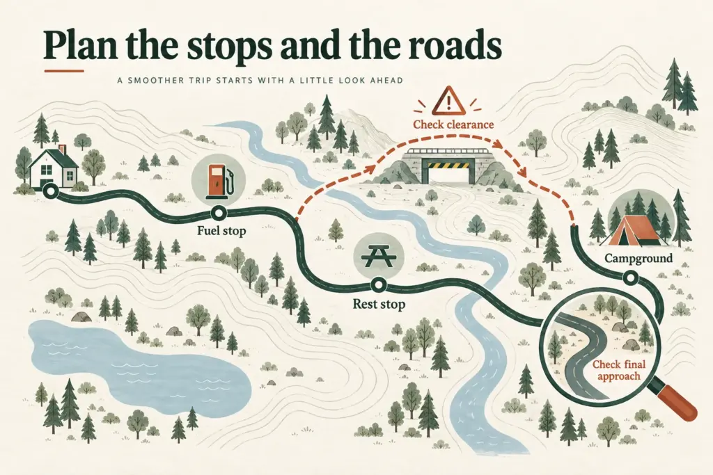 A conceptual RV route includes fuel, rest and campground stops, plus clearance and final-access checks.