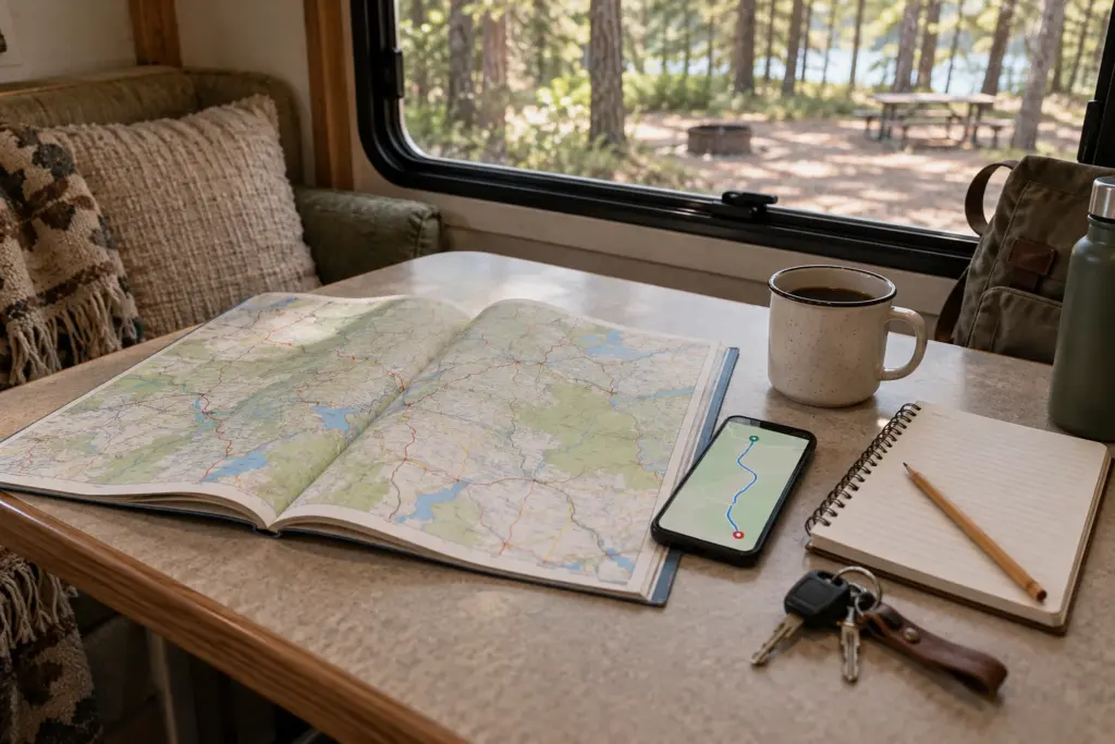 A road atlas, phone and notebook used together to plan an RV trip.