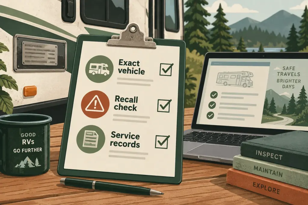 Generic RV inspection clipboard with an indistinct vehicle identification plate and laptop